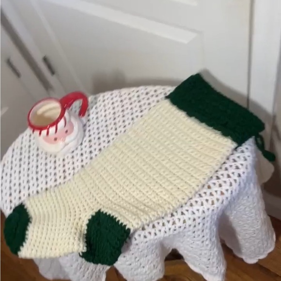 Handmade Crochet Christmas Stocking Cream Green Chunky Knit 2 Skein Christmas - Picture 3 of 17